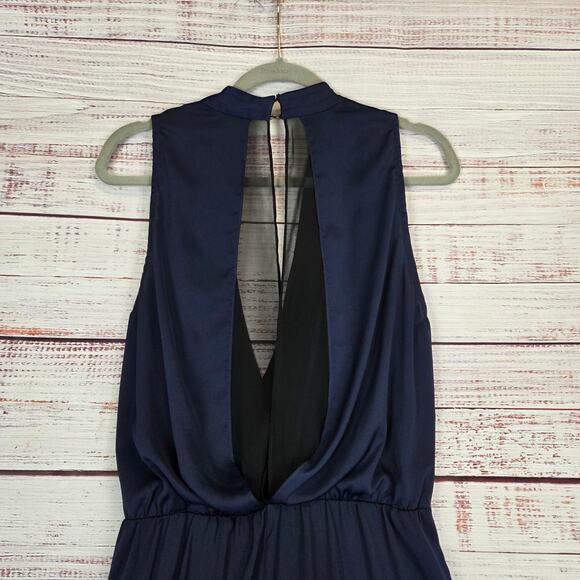 Aryn K Pack a Plunge Jumpsuit M Navy Ink Blue Silky Sheer Back Surplice Bodice - Picture 8 of 16